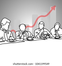 four business people talking to each other in meeting room with gray graph up  vector illustration doodle sketch hand drawn with black lines isolated on gray background. Business concept. 