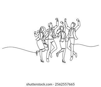 Four business professionals, raising their arms and jumping in celebration in a corporate setting, expressing joy and success. A continuous line drawing of business and finance theme illustration