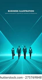 Four business professionals walk forward in sync. They move toward a glowing digital future. Teal light beams rise from below, guiding them. Their confident strides signal progress and purpose