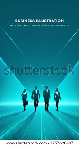 Four business professionals walk forward in sync. They move toward a glowing digital future. Teal light beams rise from below, guiding them. Their confident strides signal progress and purpose