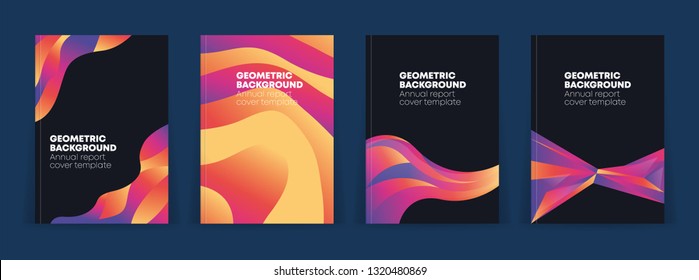 Four business report cover designs. Colorful rainbow gradient. Fluid abstract design template