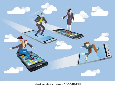 Four Businessmen and Businesswomen  flying or surfing on mobile phones sailing between clouds in a blue sky. They are enjoying the technology.