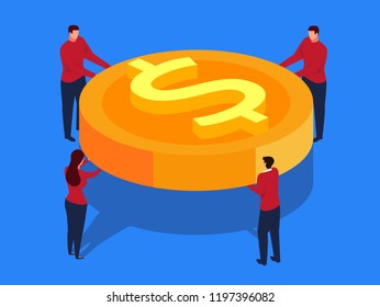 Four businessmen carrying huge gold coins
