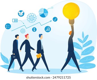 Four businessmen, dark hair, suits, walking blue leaves background, one lifting large yellow bulb. Vector illustration business teamwork, innovation, charts plants, isolated white background