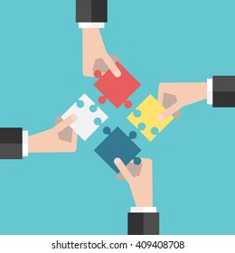 Four businessmen hands putting puzzle pieces together. Flat style illustration. Teamwork, cooperation, business and solution concept. EPS 8 vector illustration, no transparency