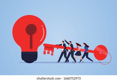 Four businessmen holding keys to unlock ideas