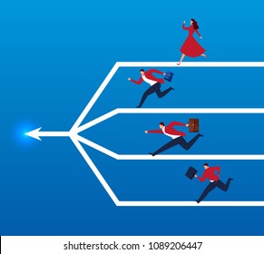 Four businessmen running to the same destination