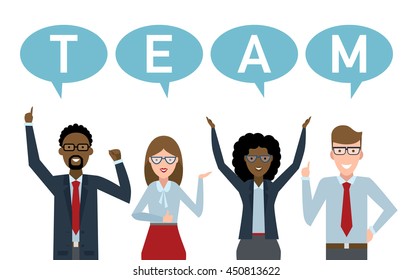 Four businessmen with speech bubbles teamwork.