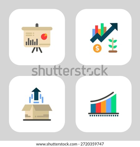 Four business-themed vector icons. Top left: presentation board with bar and charts. Top right: growth chart. Bottom left: cardboard box emitting an upward blue arrow. Bottom right: multicolored bar graph on a horizontal axis.