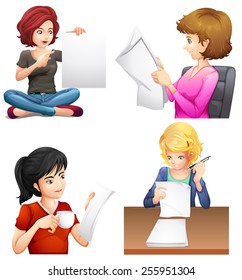 Four busy females on a white background