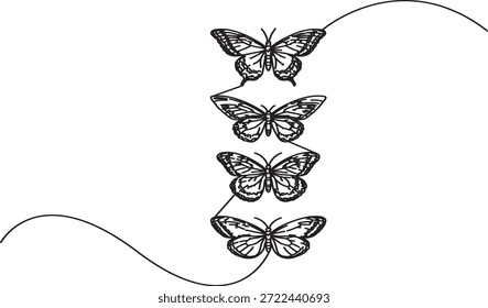 Cuatro mariposas apiladas en Vertical Composición de arte de línea continua