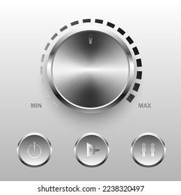 four button set
Large stainless steel circular volume switch with a reflective shine There is a line on the outside
medium push button There is an icon in the middle. gray gradient background