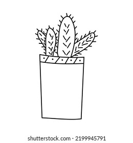 Four cacti in a vertical pot in the style of a doodle. Vector isolated image for use in web design or as print
