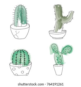 Four cactus in pots painted on a white background with a brush similar to watercolor.