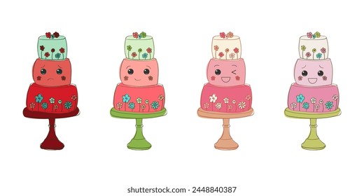 Four cakes are neatly arranged on white, each featuring hand-drawn faces. The faces vary in expressions, from smiling to silly, adding a playful touch to the sweet treats