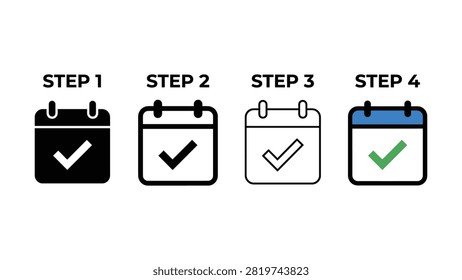 Four calendar icons showing sequential steps with check marks in different colors