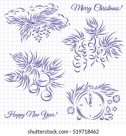 Four calligraphic composition. Christmas and New Year Theme.
New year tree branch with snow, fir-cones, decorations. New year eve clock with spruce branch, snowflakes and candle.