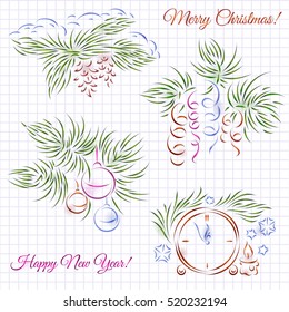  Four calligraphic composition. Christmas and New Year Theme.
New year tree branch with snow, fir-cones, decorations. New year eve clock with spruce branch, snowflakes and candle.
