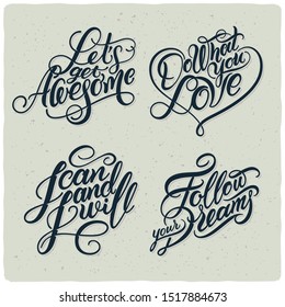 Four calligraphic lettering hand drawn quotes