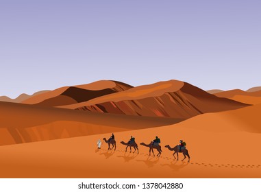 Four camel riders are hiking in the hot sun in the desert with sand mountain background.