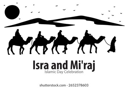 Four camel silhouettes traverse a desert sunset, a vector illustration evoking a wild, ancient, and natural landscape