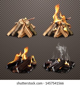 Four Campfire Stages Of Burning From Wood To Coal On Transparent Background Realistic Vector Illustration 