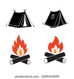 Four camping icons features a simple, stylized design of a tent and campfire.