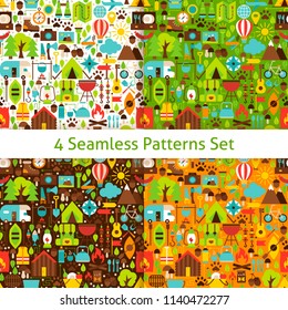 Four Camping Patterns Set. Flat Design Vector Illustration. Adventure Background.