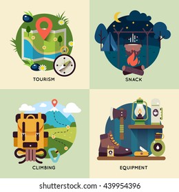 Four camping square icon set with descriptions of tourism snack climbing and equipment vector illustration