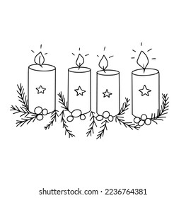 Four candles and branches of a Christmas tree. New Year Vintage Design for Christmas Card or Invitation on White For invitations, greetings, with space for text.