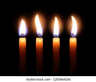 Four candles burning in the dark with light blur effect. High detailed realistic illustration