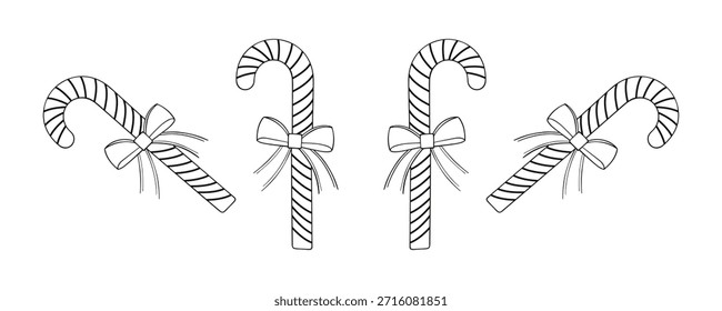 Four candy canes with white ribbons drawn in black and white holiday christmas vector art bundle isolated on a white background.