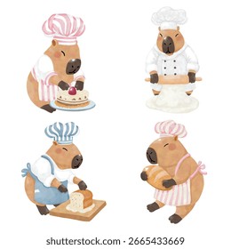 Four Capybara Chefs Baking and Cooking – Watercolor Cute Animal Illustration