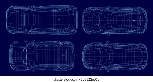 Four car images are shown in a blue color. The cars are shown in top view. The image conveys a futuristic and technological vibe