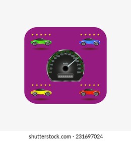 Four car and speedometer on a purple background