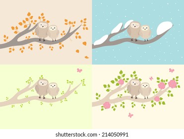 Four card with owls. Four seasons - autumn, winter, spring, summer.