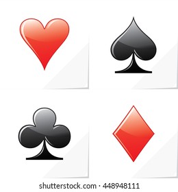 Four Card Suits Hearts Spade Clubs Diamonds - Black and Red Glossy Relief Game Symbols with Grey Shadows on White Natural Paper Effect Background - Graphic Silhouette Style