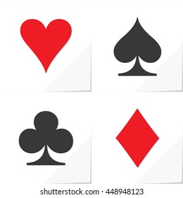 Four Card Suits Hearts Spade Clubs Diamonds - Black and Red Relief Game Symbols with Grey Shadows on White Natural Paper Effect Background - Graphic Silhouette Style