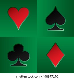 Four Card Suits Hearts Spade Clubs Diamonds - Black and Red Game Symbols on Green Gambling Table Background - Gradient Graphic Style