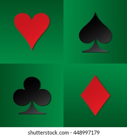 Four Card Suits Hearts Spade Clubs Diamonds - Relief Black and Red Game Symbols with Shadows on Green Gambling Table Background - Gradient Graphic Style