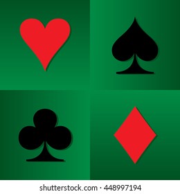 Four Card Suits Hearts Spade Clubs Diamonds - Black and Red Game Symbols with Shadows on Green Gambling Table Background - Gradient and Flat Graphic Style