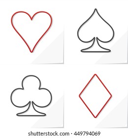 Four Card Suits Hearts Spade Clubs Diamonds - Black and Red Relief Outline Game Symbols on White Natural Paper Effect Background - Graphic Gradient Style