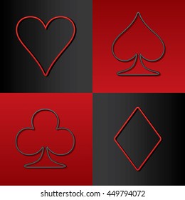 Four Card Suits Hearts Spade Clubs Diamonds - Black and Red Relief Outline Game Symbols on Red and Black Background - Graphic Gradient Style