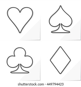 Four Card Suits Hearts Spade Clubs Diamonds - Black Relief Outline Game Symbols on White Natural Paper Effect Background - Graphic Gradient Style