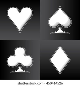 Four Card Suits Hearts Spade Clubs Diamonds - White Woodcut Graphic Game Symbols on Black Background - Pictogram Sign Woodcut Style