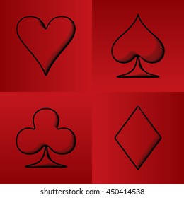 Four Card Suits Hearts Spade Clubs Diamonds - Black Woodcut Graphic Game Symbols on Red Background - Pictogram Sign Woodcut Style