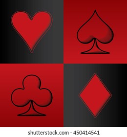 Four Card Suits Hearts Spade Clubs Diamonds - Red and Black Woodcut Graphic Game Symbols on Black and Red Background - Pictogram Sign Woodcut Style