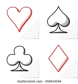 Four Card Suits Hearts Spade Clubs Diamonds - Black and Red Woodcut Graphic Game Symbols on White Natural Paper Effect Background - Pictogram Sign Woodcut Style