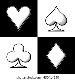 Four Card Suits Hearts Spade Clubs Diamonds - White and Black Woodcut Graphic Game Symbols on Black and White Background - Pictogram Sign Woodcut Style