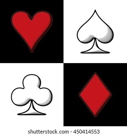 Four Card Suits Hearts Spade Clubs Diamonds - Red and Black Woodcut Graphic Game Symbols on Black and White Background - Pictogram Sign